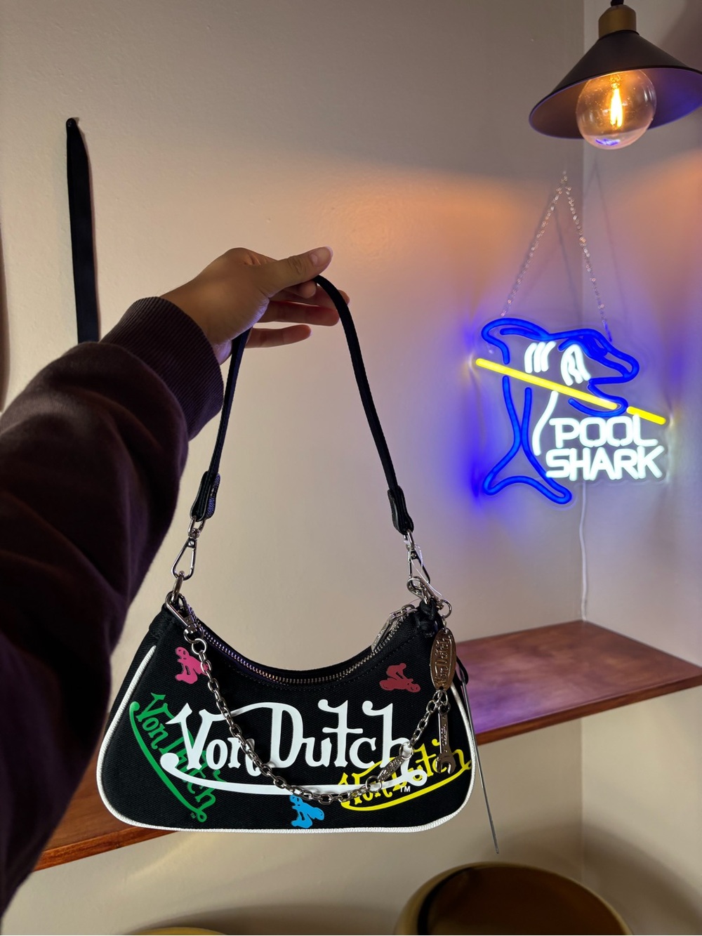 Von Dutch Black Canvas Mini Shoulder Bag with Multicolor Logo Accents